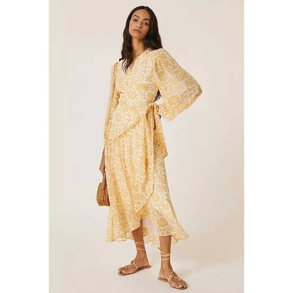 NWT Anthropologie Hutch Geo Wrap Maxi Dress XS Yellow $198 HTF Lined Gold